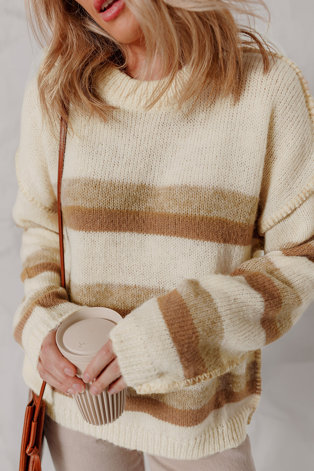 Khaki Stripe Exposed Seam Drop Shoulder Knit Baggy Oversized Sweater Cozy Casual Knitwear Dear-Lover Dropshipping
